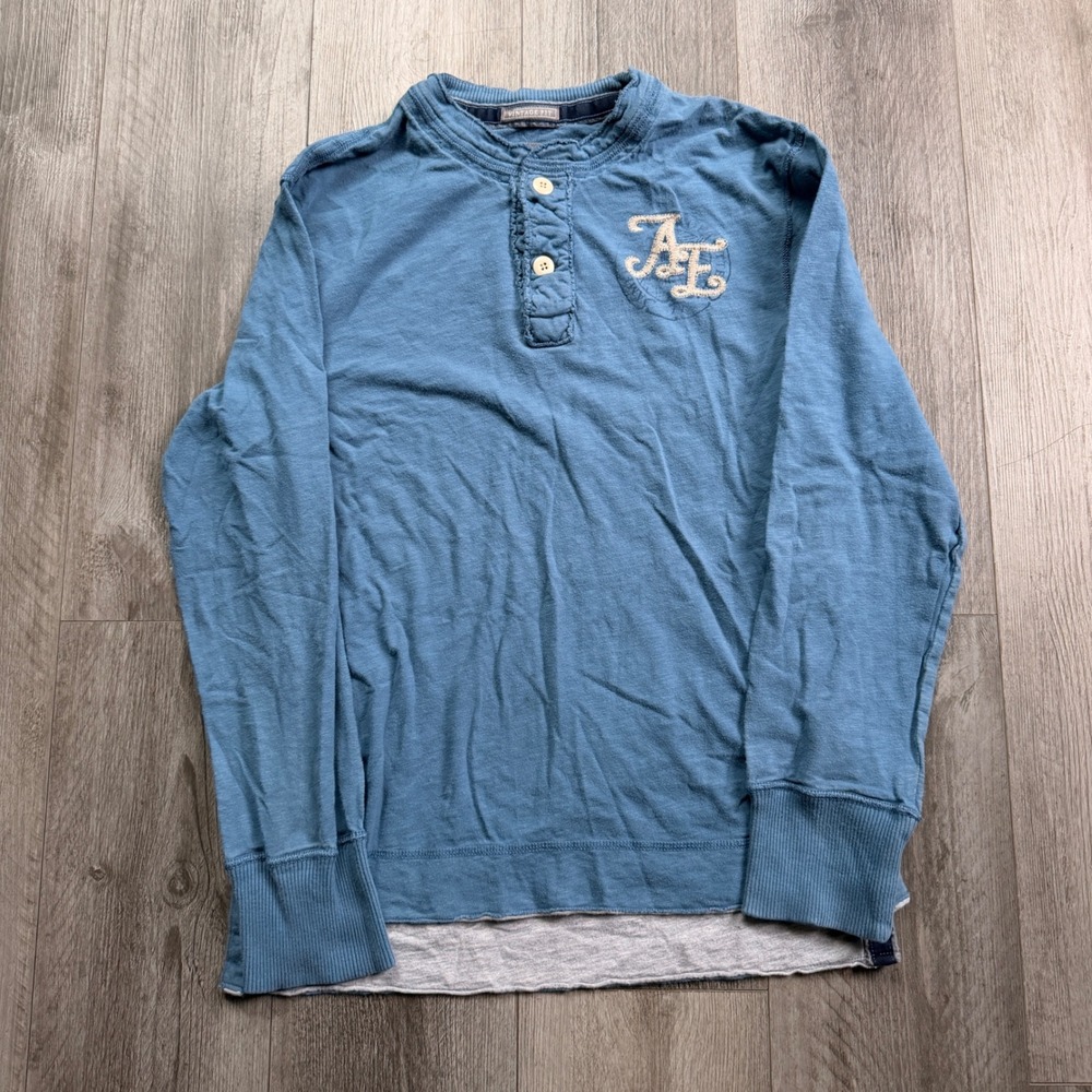 American Eagle Vintage Fit Henley L Blue Embroidered AE Logo Layered Hem Shirt